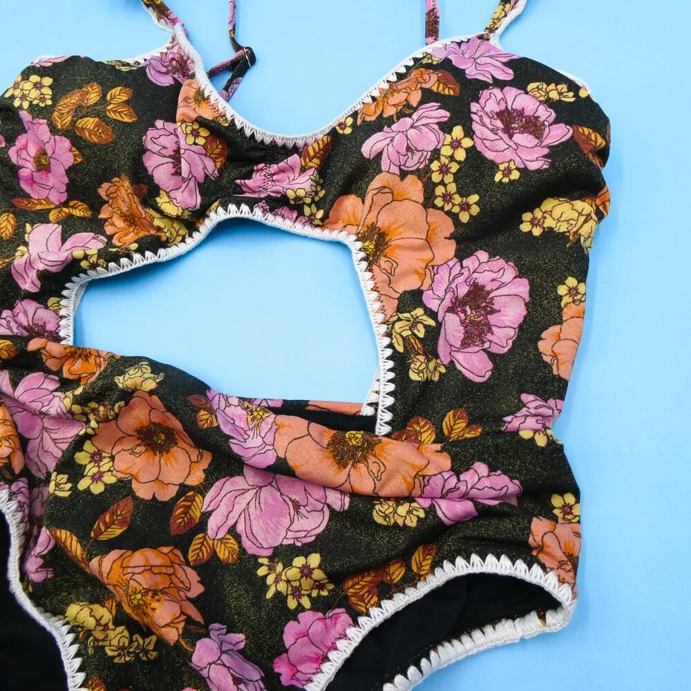 Victorias Secret Medium Black Shimmer Floral Cutout‎ Lace One Piece Swimsuit New